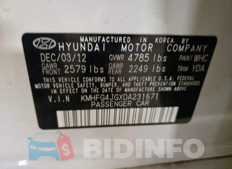 KMHFG4JGXDA231671 Photo# 12