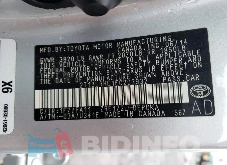 2T1BURHE1EC203932 Photo# 12