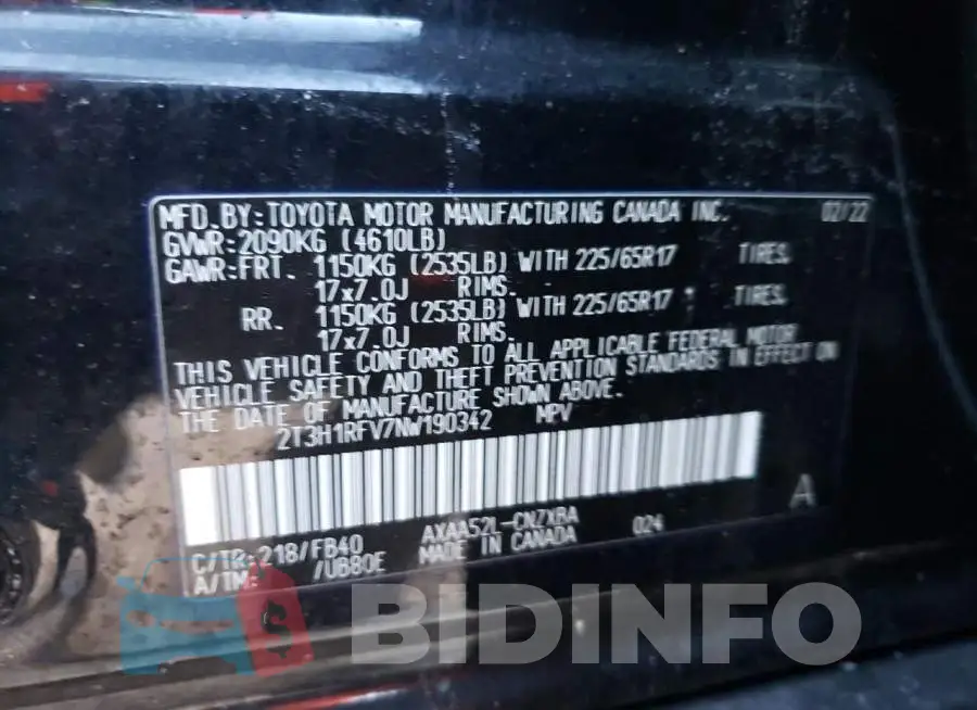 2T3H1RFV7NW190342 Photo# 14