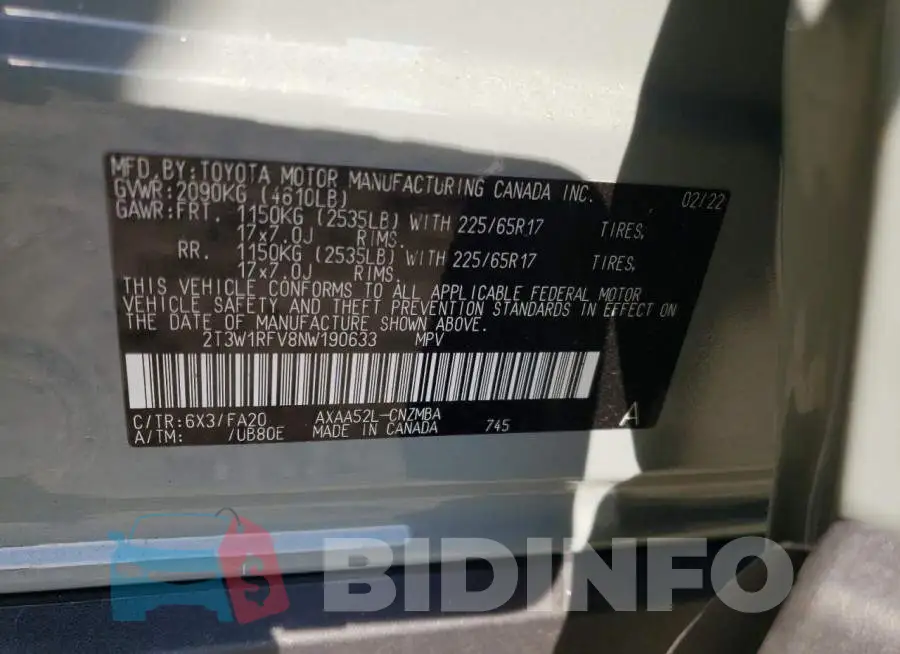 2T3W1RFV8NW190633 Photo# 10