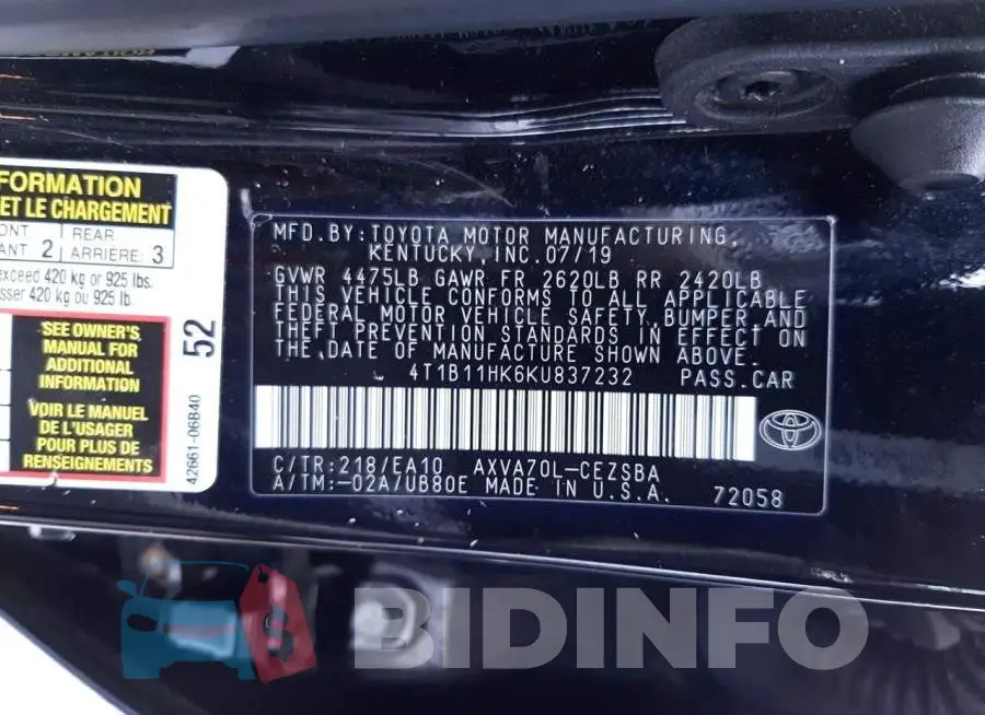 4T1B11HK6KU837232 Photo# 12