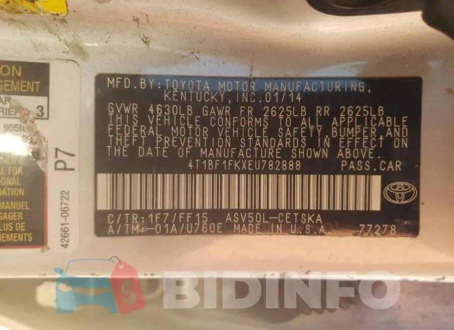 4T1BF1FKXEU782888 Photo# 10