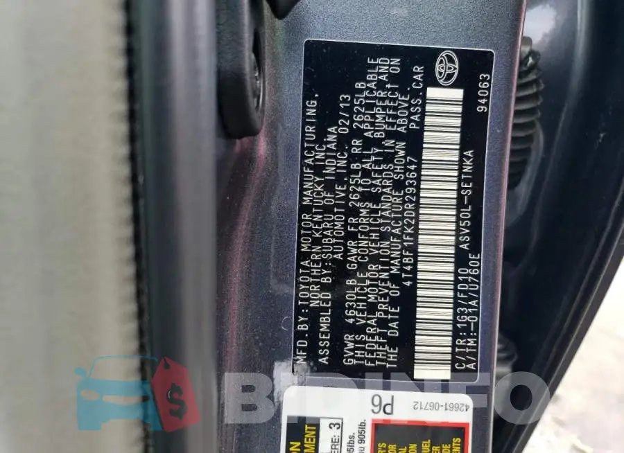 4T4BF1FK2DR293647 Photo# 13