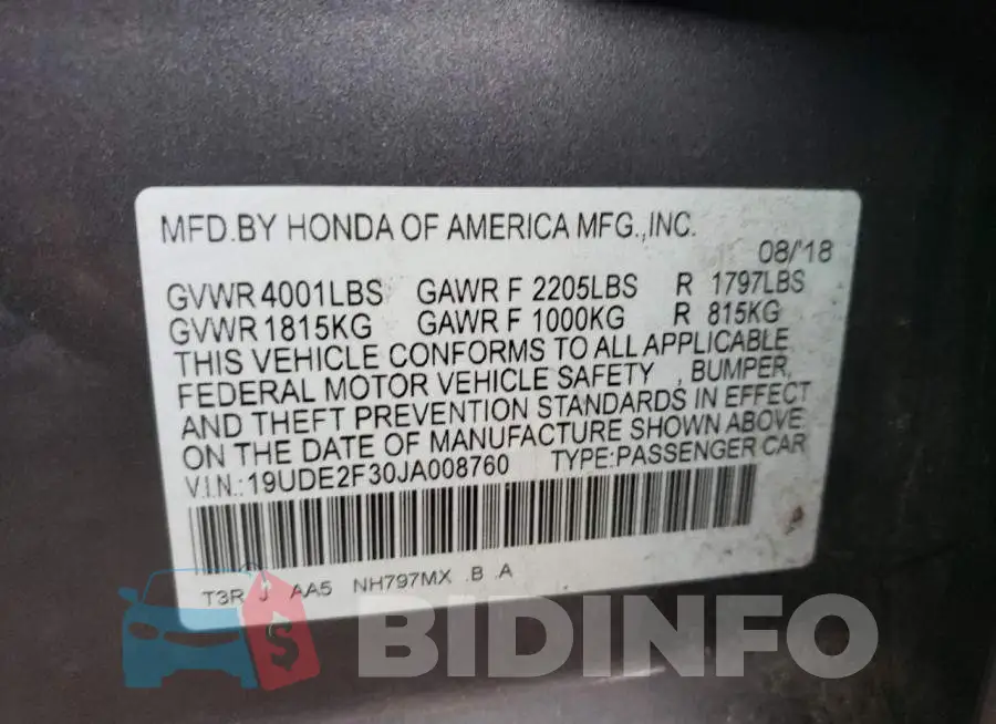 19UDE2F30JA008760 Photo# 10