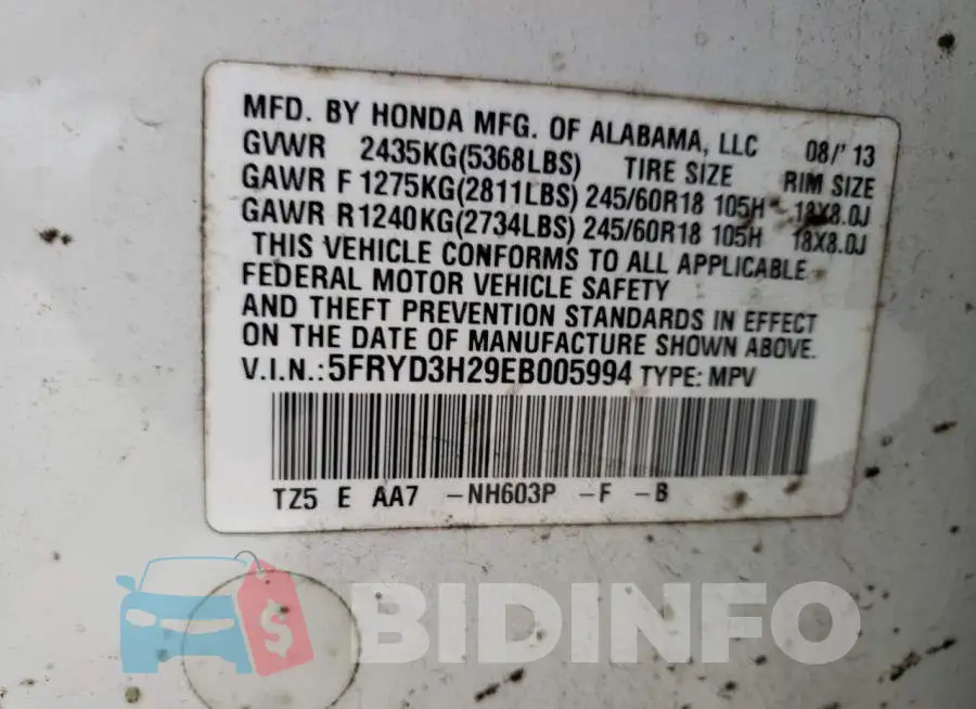 5FRYD3H29EB005994 Photo# 14
