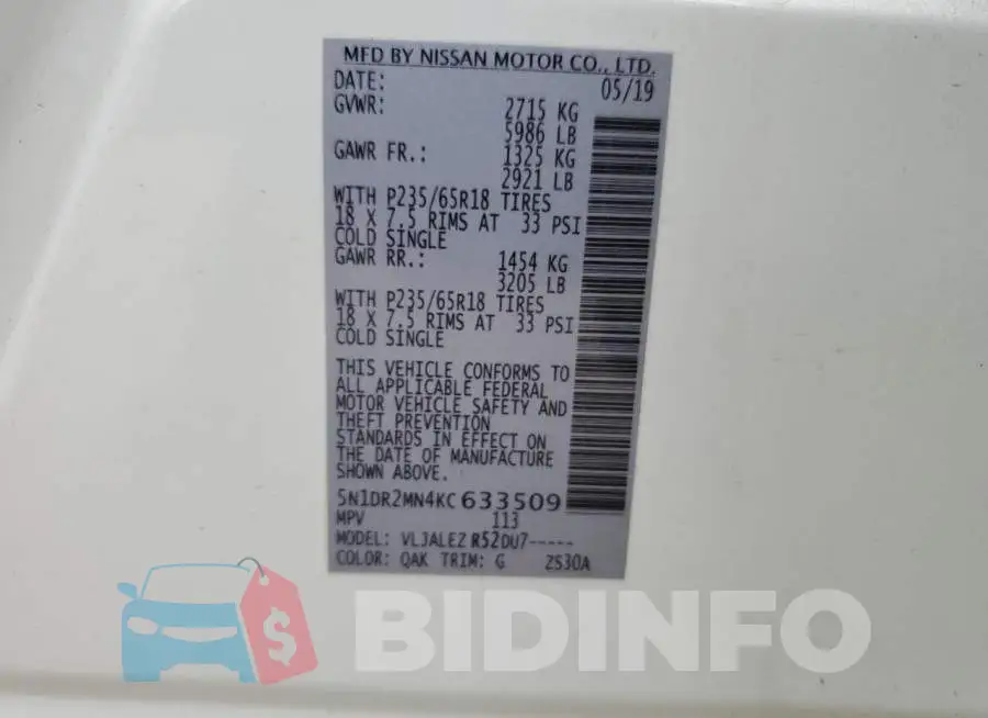 5N1DR2MN4KC633509 Photo# 10