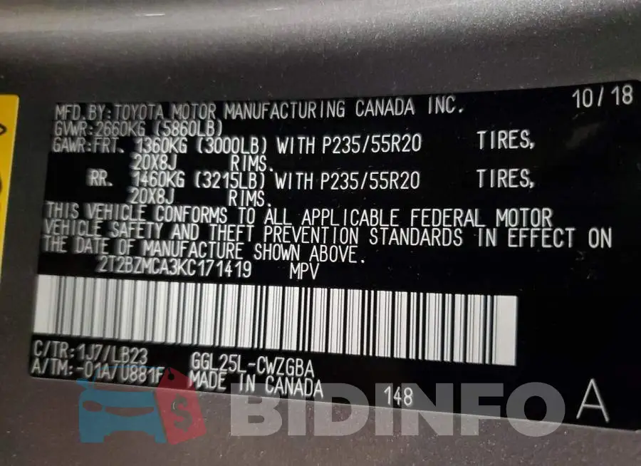 2T2BZMCA3KC171419 Photo# 13