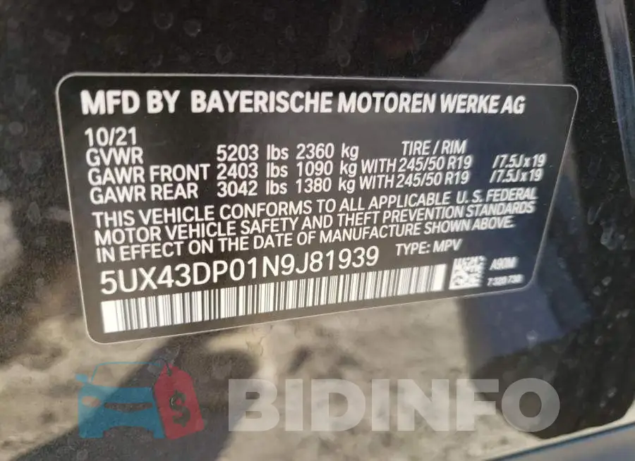 5UX43DP01N9J81939 Photo# 10