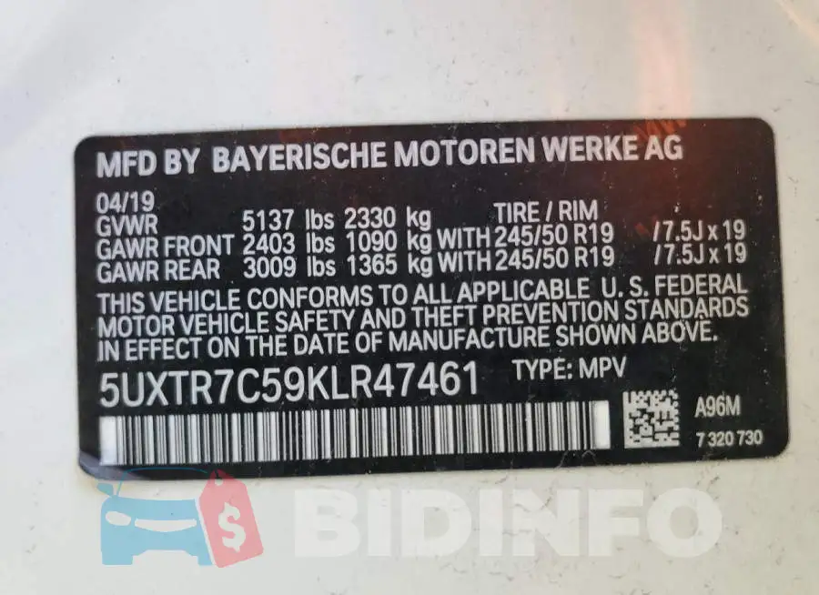 5UXTR7C59KLR47461 Photo# 10