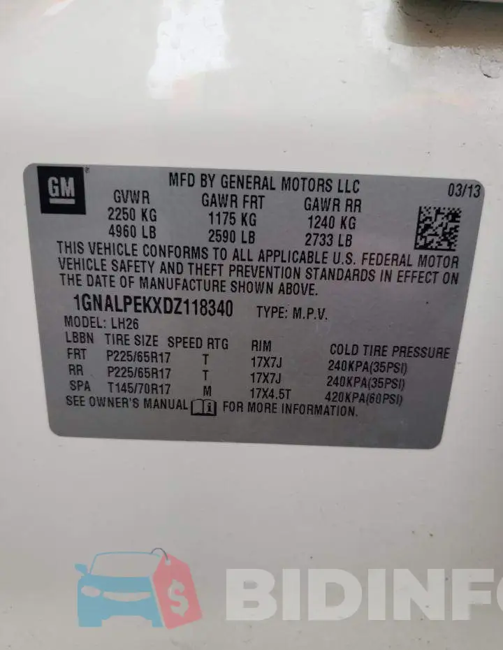 1GNALPEKXDZ118340 Photo# 13