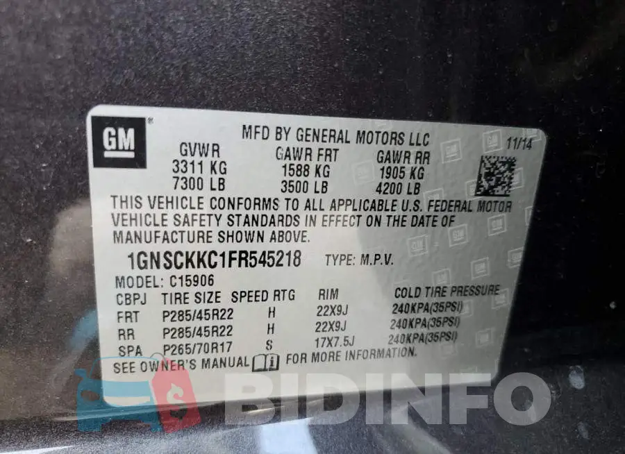 1GNSCKKC1FR545218 Photo# 10