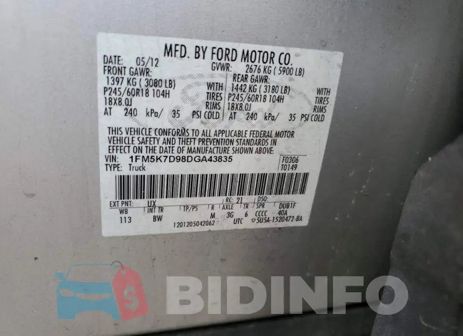 1FM5K7D98DGA43835 Photo# 14