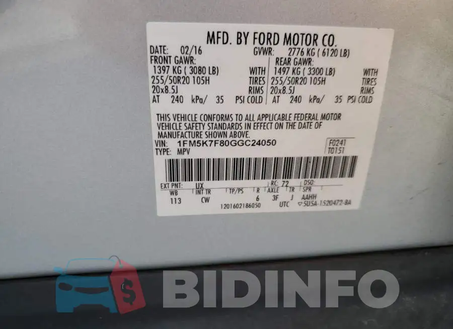 1FM5K7F80GGC24050 Photo# 10