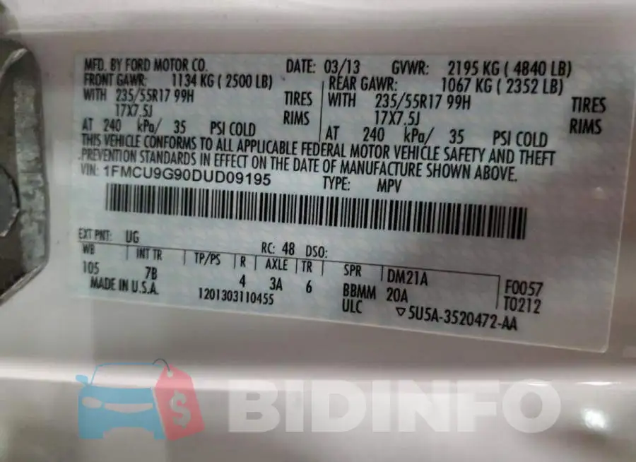 1FMCU9G90DUD09195 Photo# 13