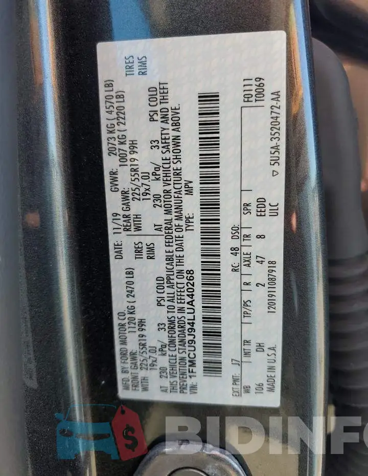 1FMCU9J94LUA40268 Photo# 10