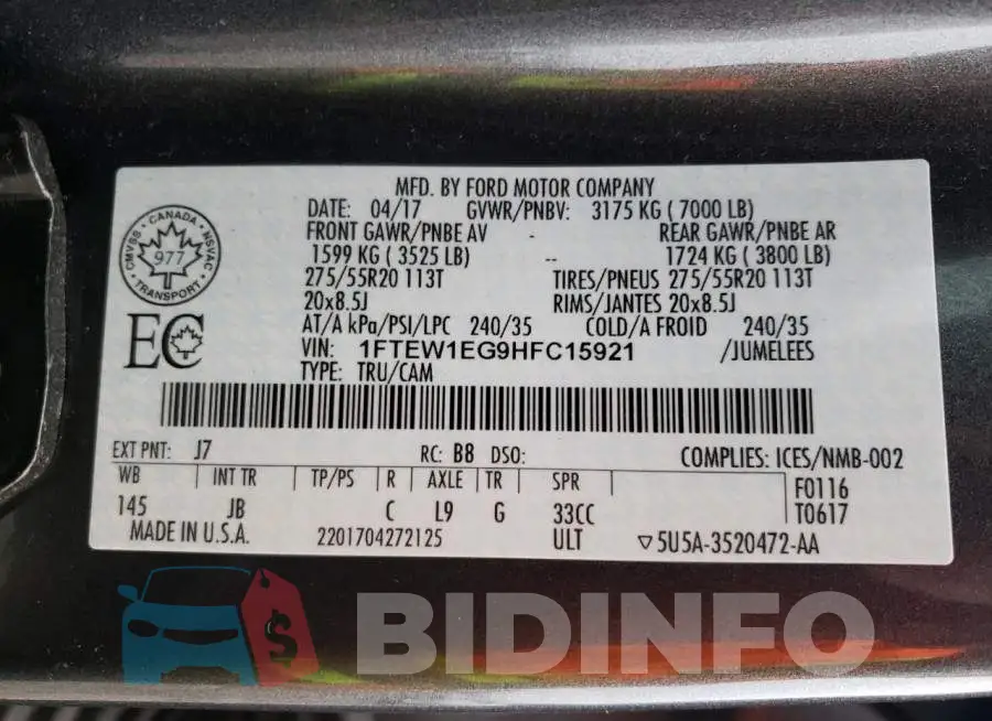 1FTEW1EG9HFC15921 Photo# 13
