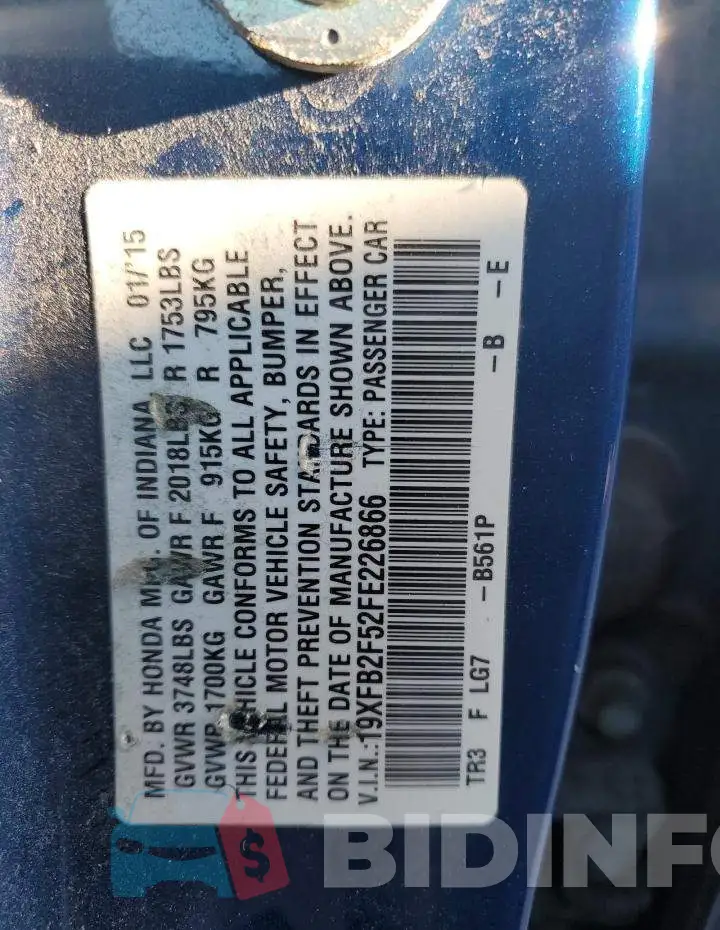 19XFB2F52FE226866 Photo# 10