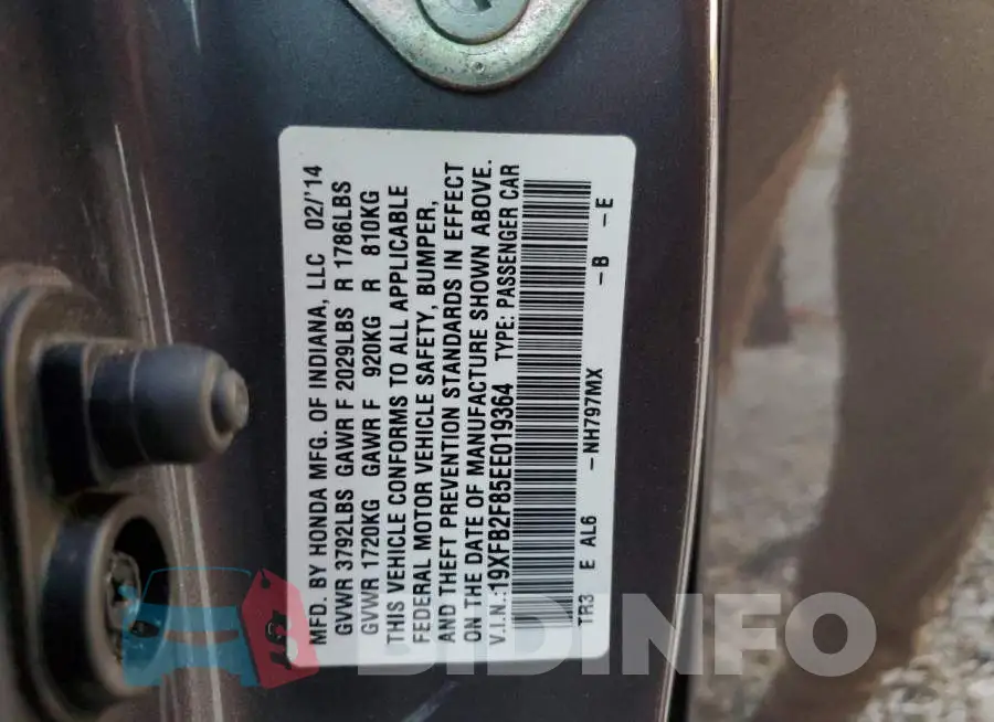 19XFB2F85EE019364 Photo# 12