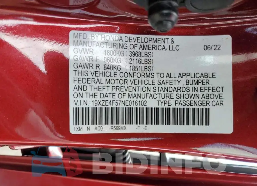 19XZE4F57NE016102 Photo# 10