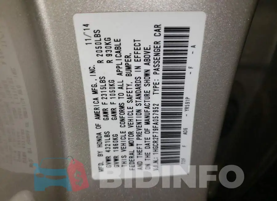 1HGCR2F79FA057952 Photo# 13