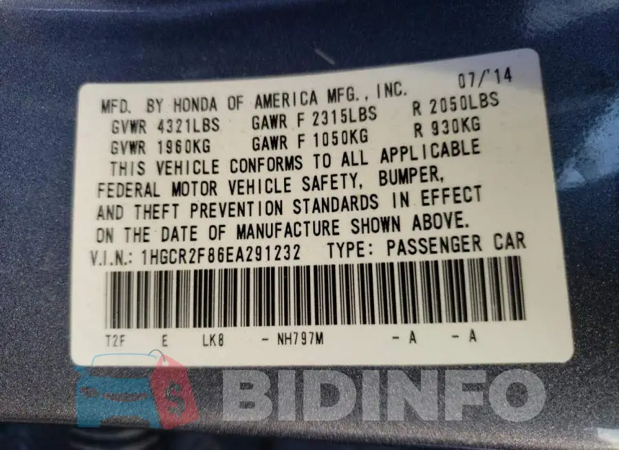 1HGCR2F86EA291232 Photo# 10