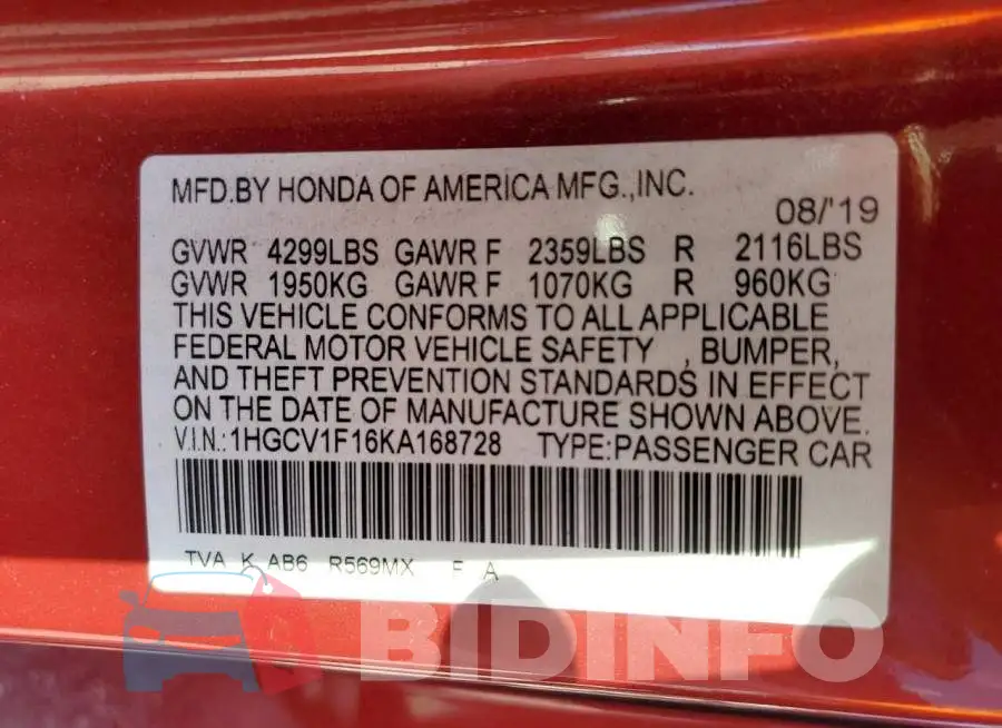 1HGCV1F16KA168728 Photo# 10