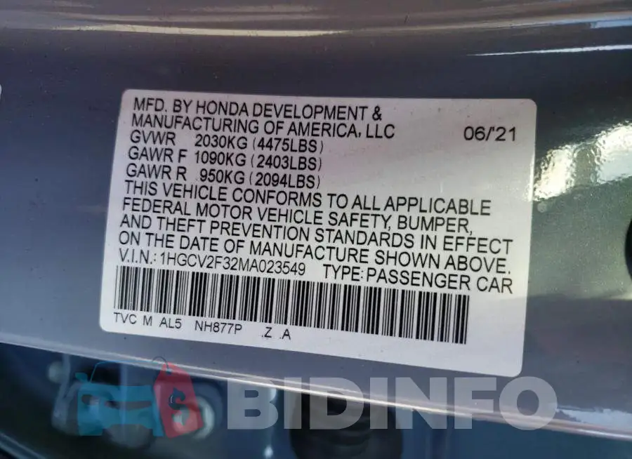 1HGCV2F32MA023549 Photo# 10
