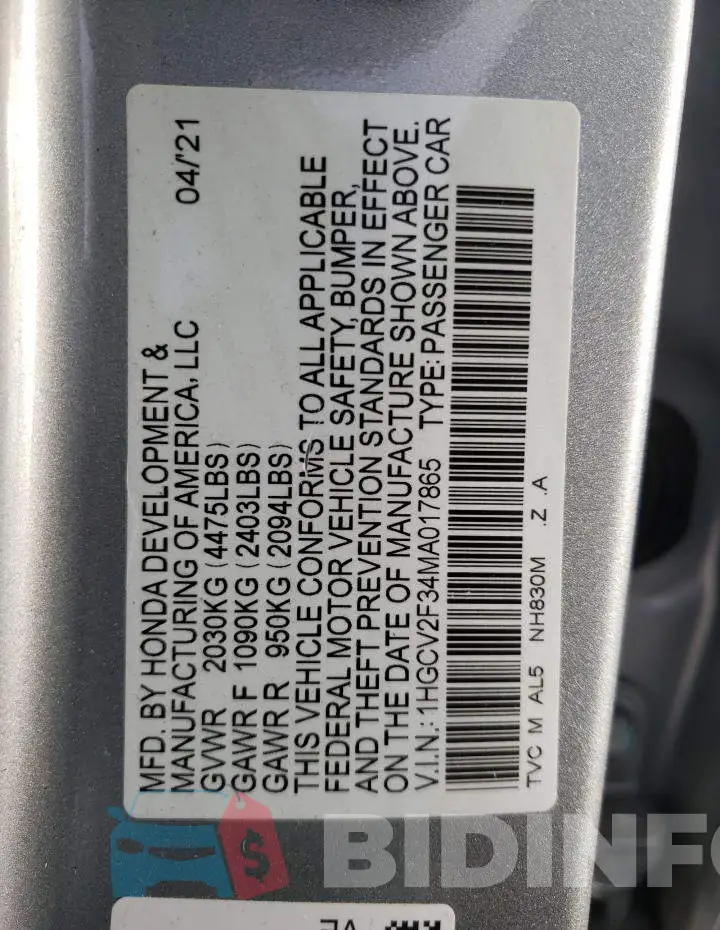 1HGCV2F34MA017865 Photo# 10
