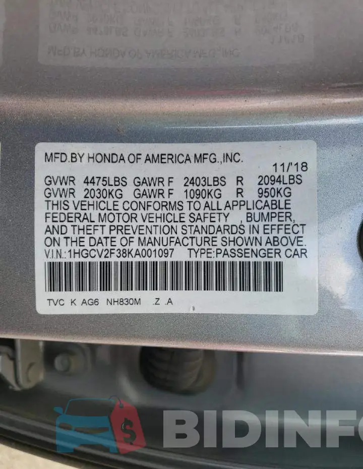 1HGCV2F38KA001097 Photo# 12