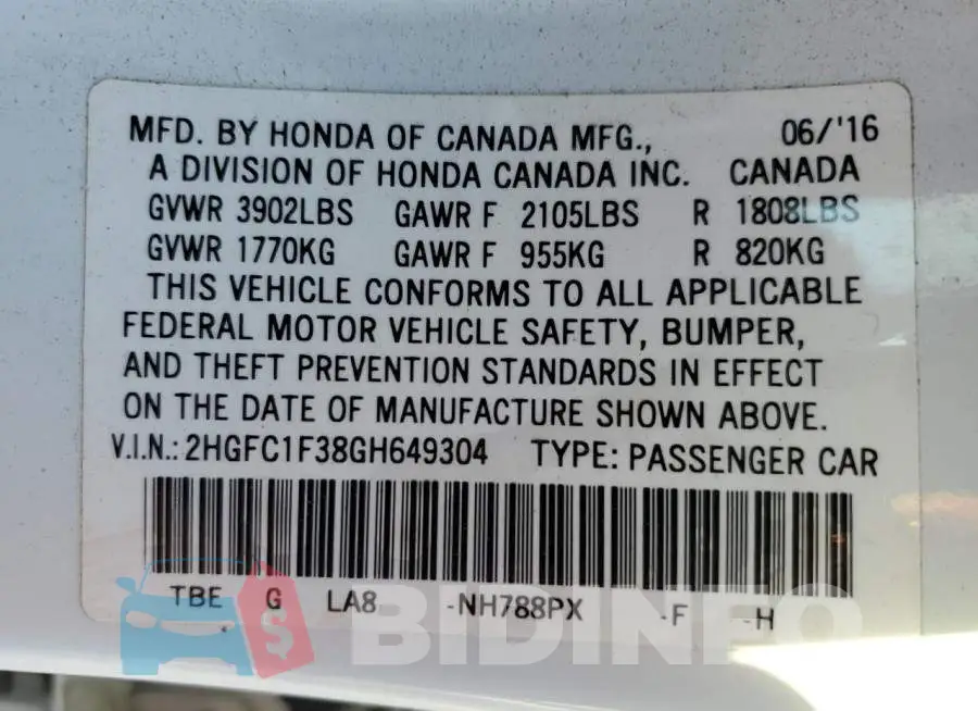 2HGFC1F38GH649304 Photo# 12