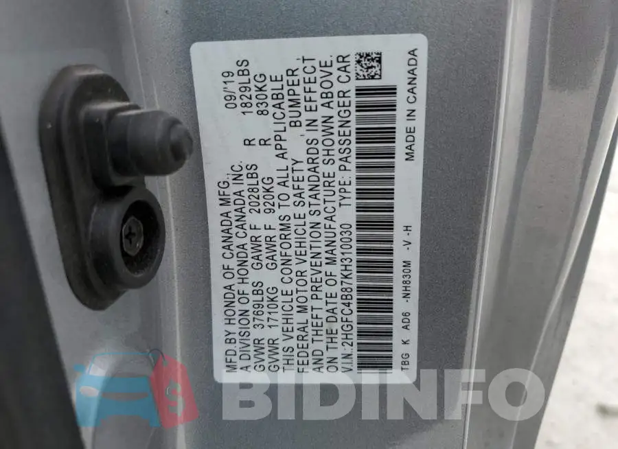 2HGFC4B87KH310030 Photo# 10