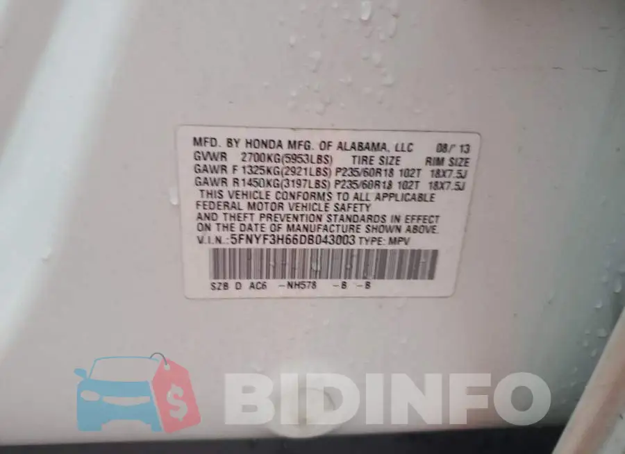 5FNYF3H66DB043003 Photo# 13