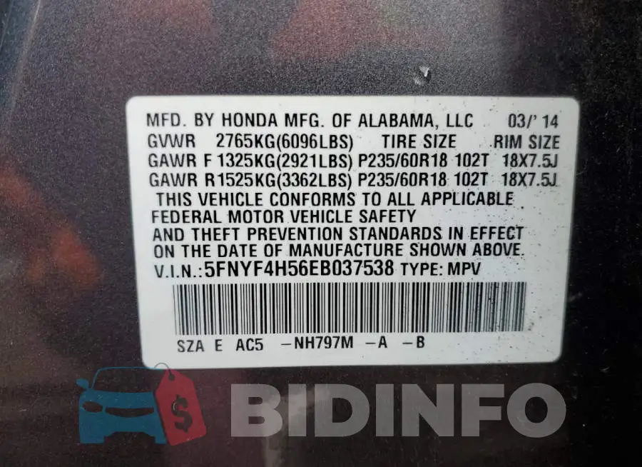 5FNYF4H56EB037538 Photo# 13