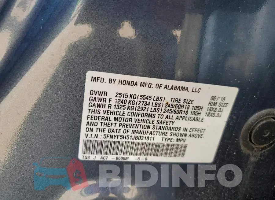 5FNYF5H51JB031811 Photo# 10