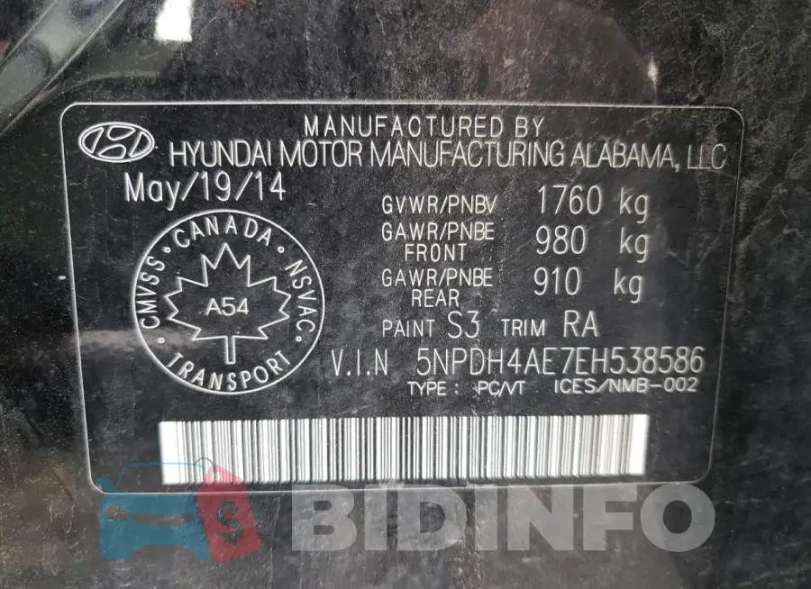 5NPDH4AE7EH538586 Photo# 10