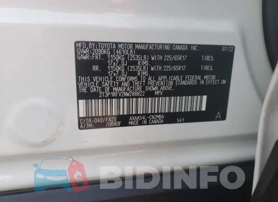 2T3P1RFV2NW288822 Photo# 14