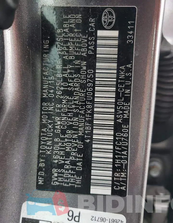 4T1BF1FK8FU069750 Photo# 10