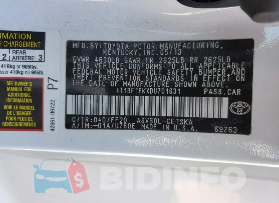 4T1BF1FKXDU701631 Photo# 13
