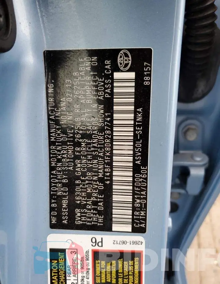 4T4BF1FK8DR287741 Photo# 12