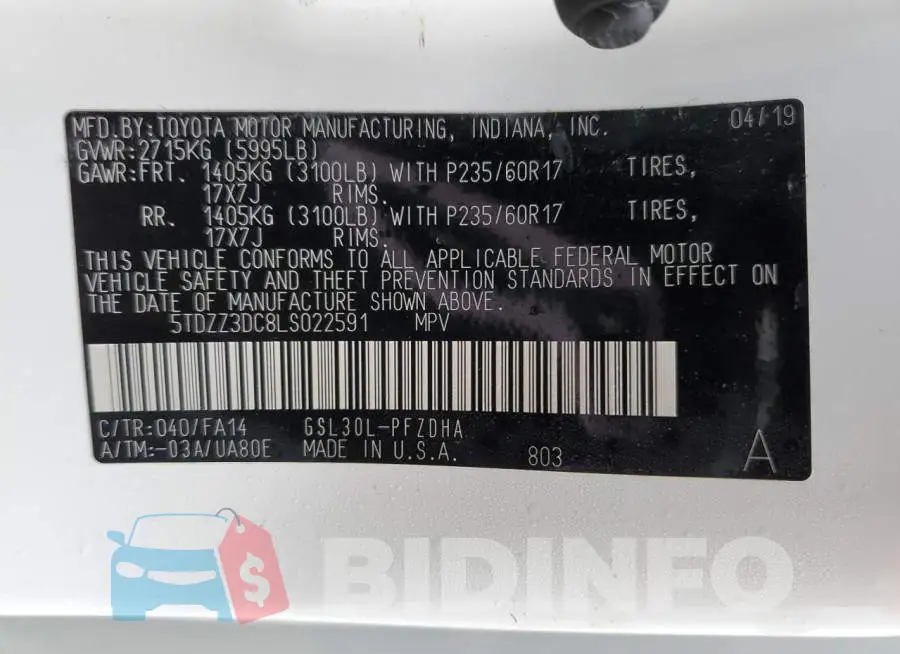 5TDZZ3DC8LS022591 Photo# 13