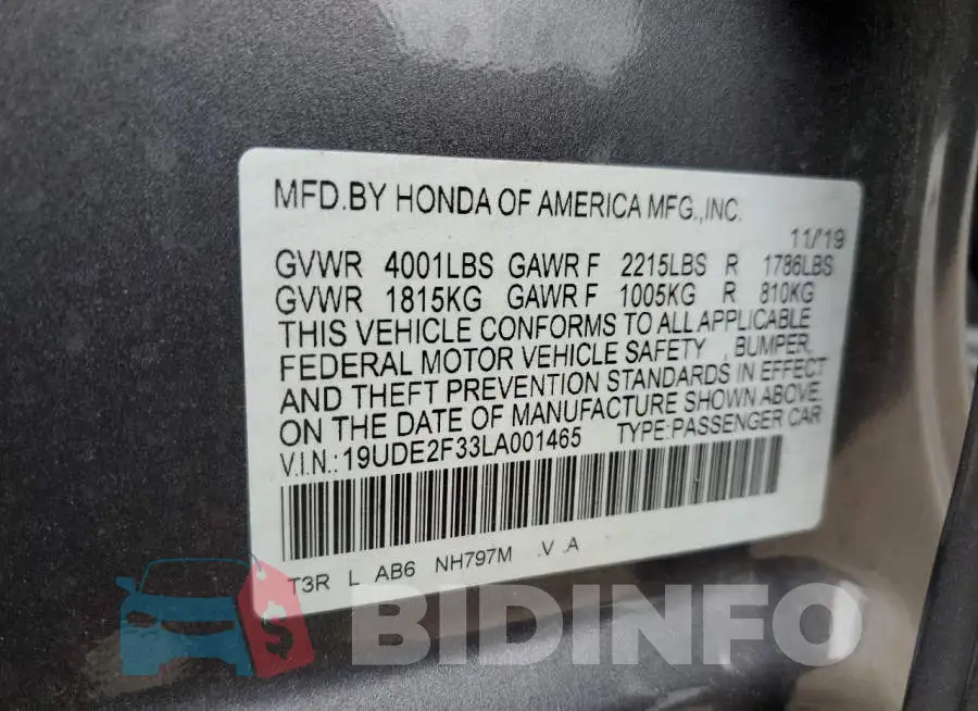 19UDE2F33LA001465 Photo# 10
