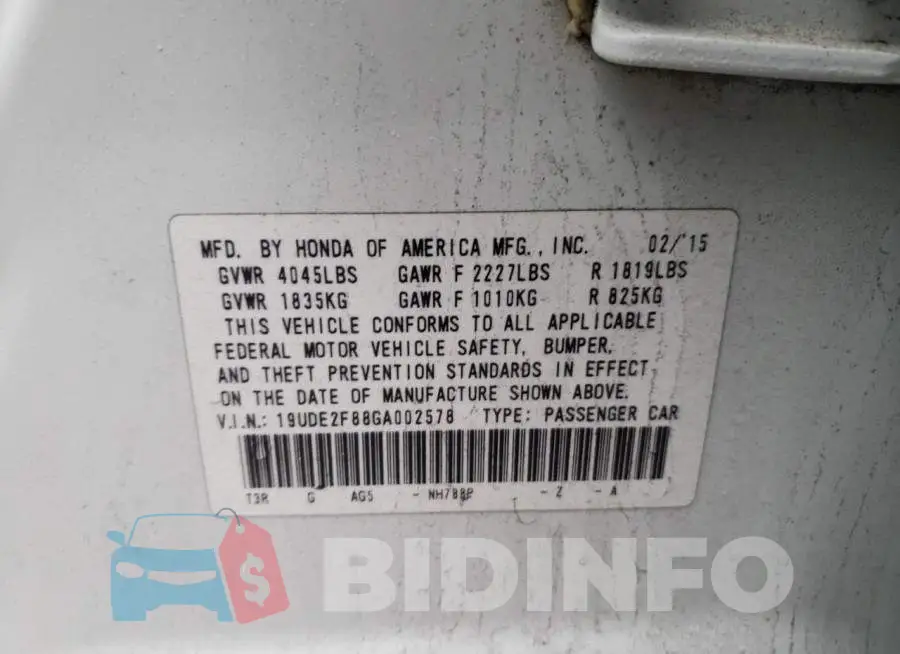 19UDE2F88GA002578 Photo# 13