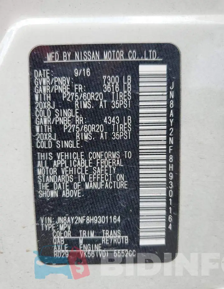 JN8AY2NF8H9301164 Photo# 10