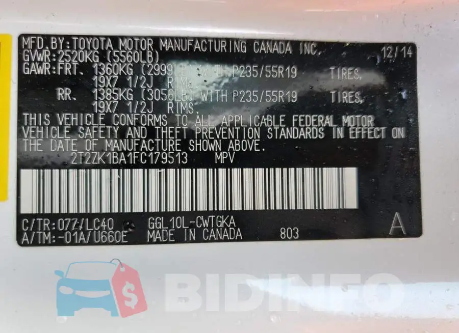 2T2ZK1BA1FC179513 Photo# 13
