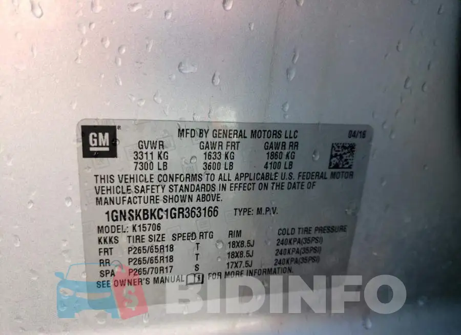 1GNSKBKC1GR363166 Photo# 10