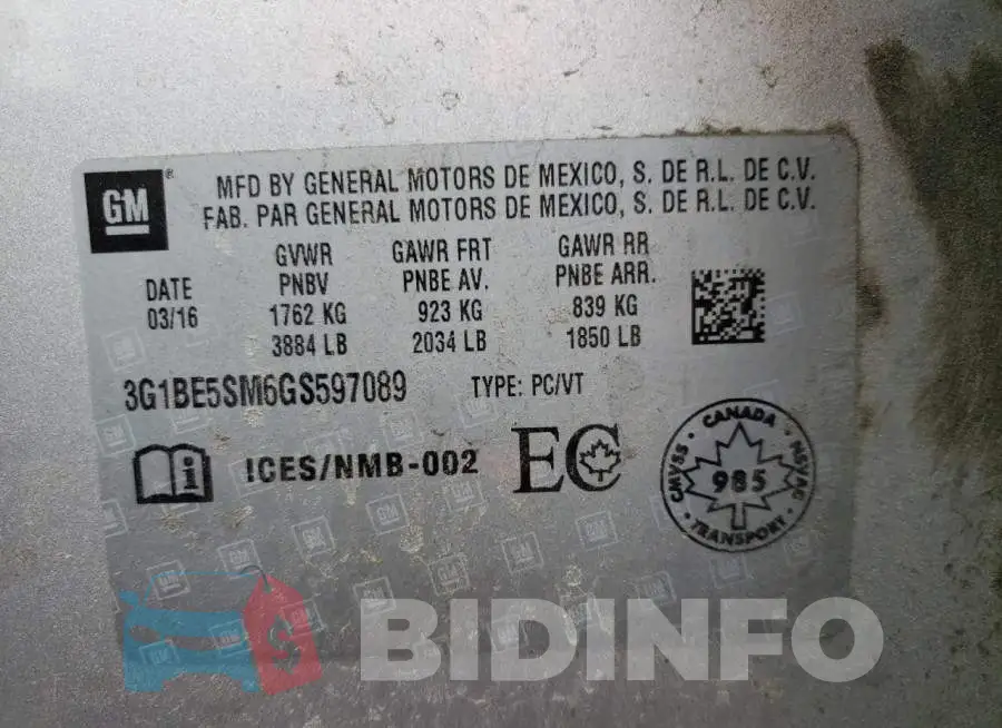 3G1BE5SM6GS597089 Photo# 10