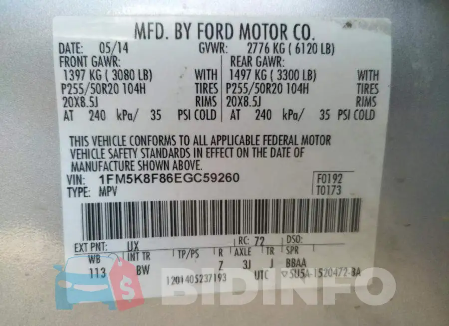 1FM5K8F86EGC59260 Photo# 10