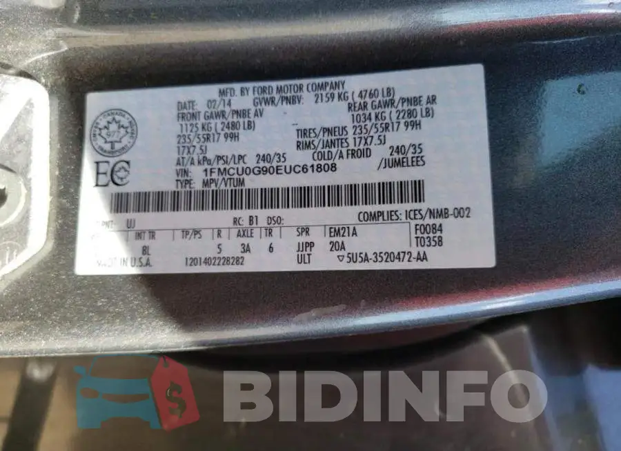 1FMCU0G90EUC61808 Photo# 10