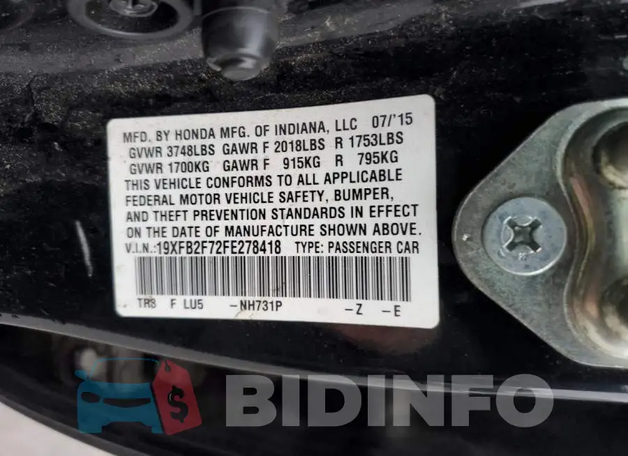 19XFB2F72FE278418 Photo# 12