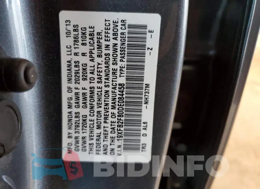 19XFB2F80DE084458 Photo# 13